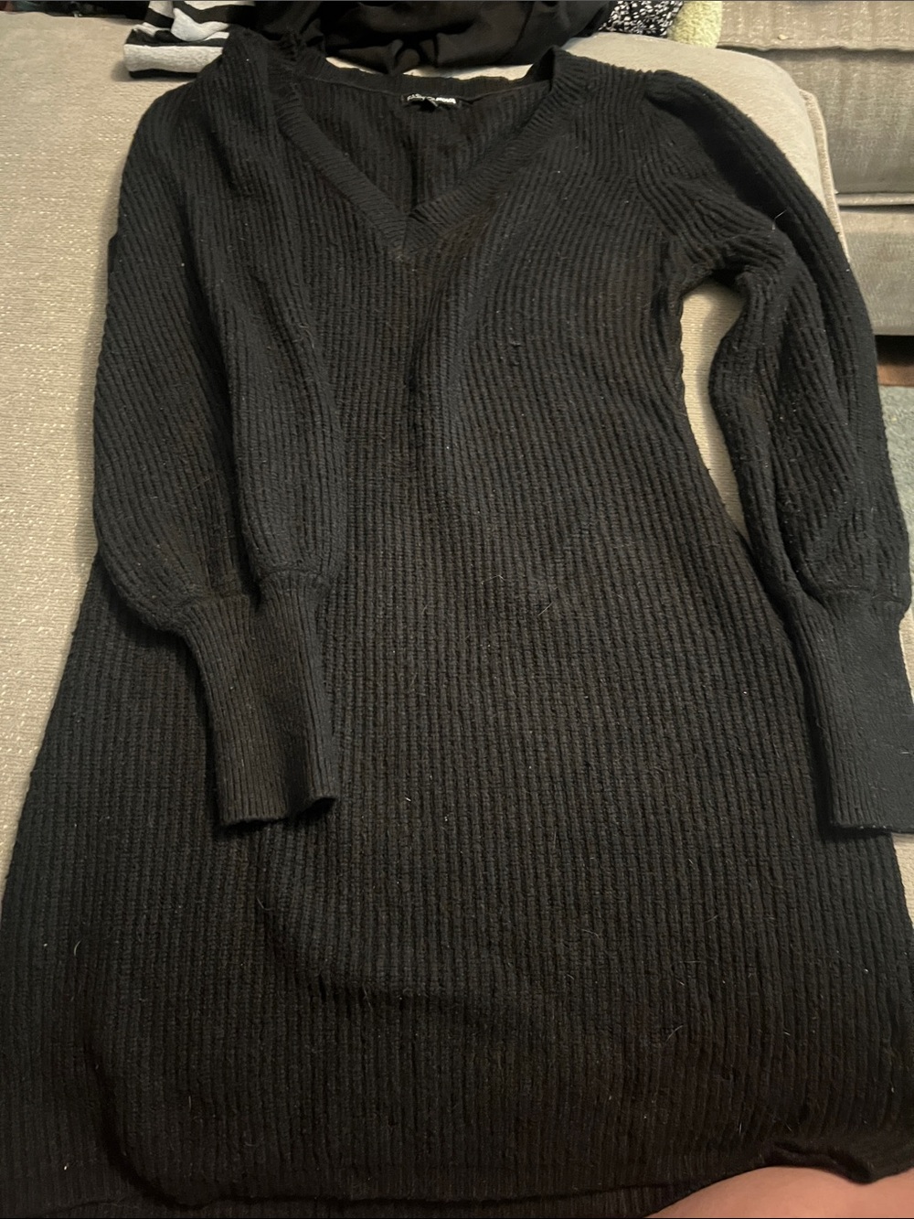 Black Ribbed V-Neck Sweater Dress